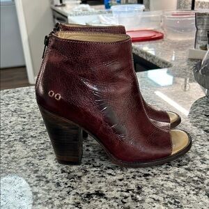 Bed Stu Onset Bootie Womens Size 9 Burgundy Leather Open Toe Block Heel Rustic
